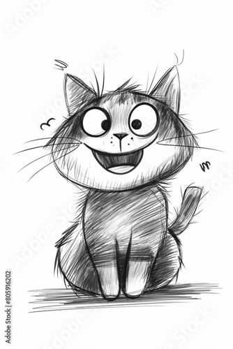 Happy Felidae with big whiskers and smiling gesture in black and white art. sketch. Generative AI