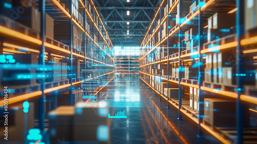 A futuristic warehouse scene with storehouse boxes neatly organized, as a smart system digital background orchestrates the time pick order and product check process for efficient s photo