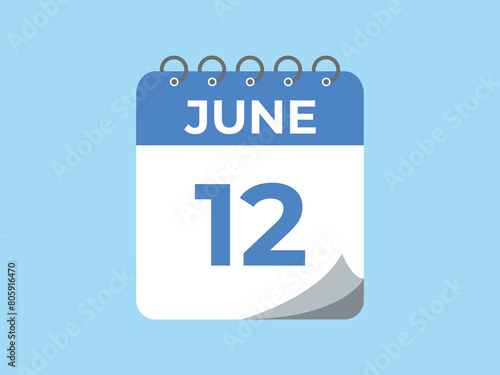 June 12 calendar reminder. 12 June daily calendar icon template. Calendar 12 June icon Design template. Vector illustration
