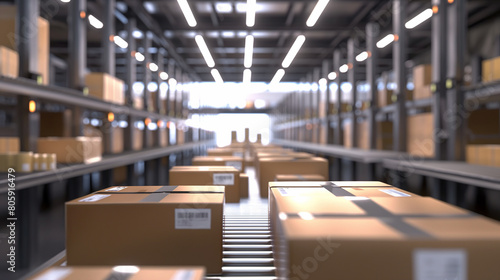Within a digitally enhanced warehouse environment, storehouse boxes are arranged systematically, with a smart system digital background managing the time pick order and product che photo