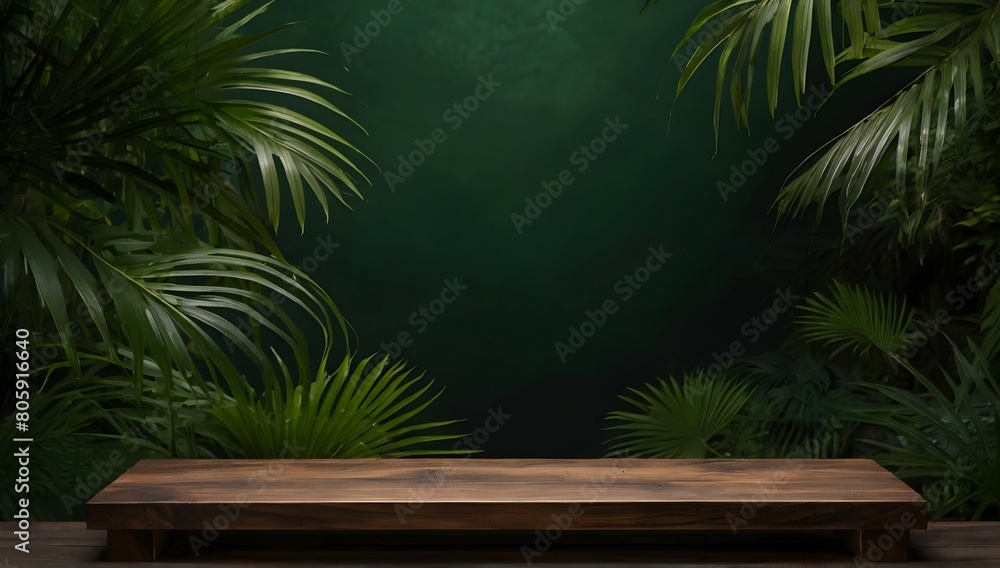 wooden shelf in tropical forest for product presentation and dark green background wooden shelf in tropical forest for product presentation and dark green background