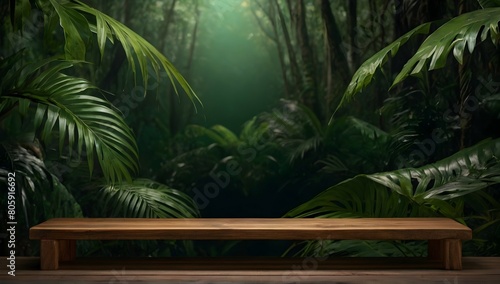 wooden shelf in tropical forest for product presentation and dark green background