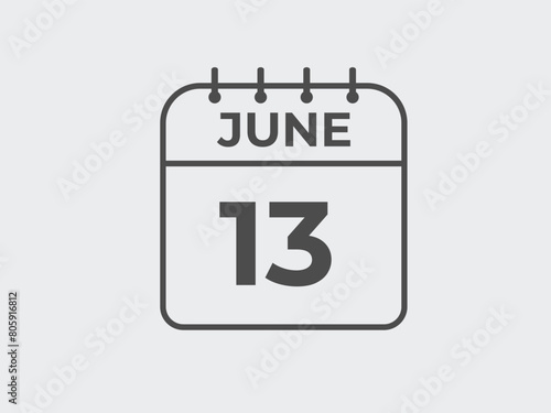 June 13 calendar reminder. 13 June daily calendar icon template. Calendar 13 June icon Design template. Vector illustration

