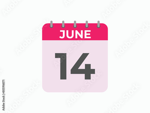 June 14 calendar reminder. 14 June daily calendar icon template. Calendar 14 June icon Design template. Vector illustration
