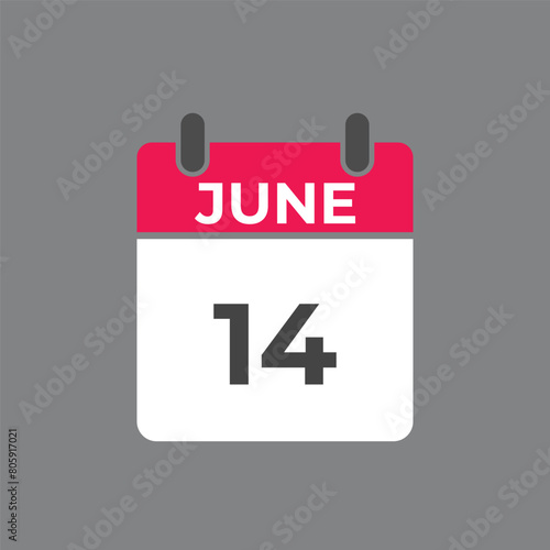 June 14 calendar reminder. 14 June daily calendar icon template. Calendar 14 June icon Design template. Vector illustration
