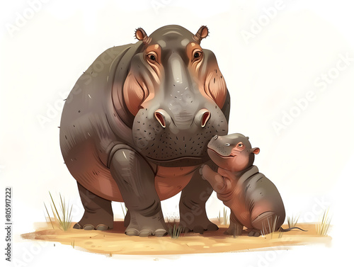 A cute cartoon illustration shows an adult hippopotamus and baby hippo photo