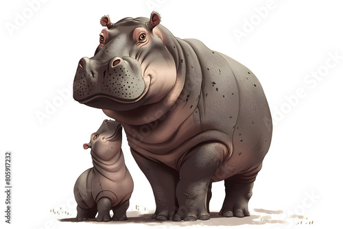 A cute cartoon illustration shows an adult hippopotamus and baby hippo