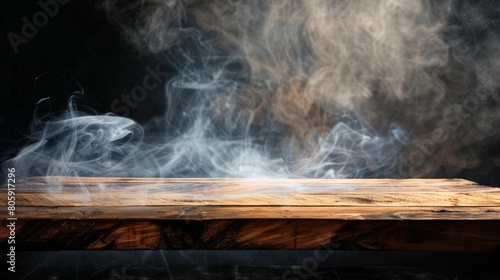 empty wooden table with smoke float up on dark background 
