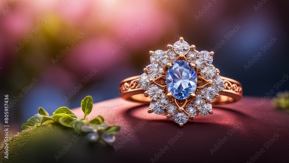 Jewelry ring with blue gemstone on the background of flowers Jewelry ring with blue gemstone on the background of flowers
