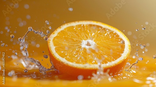 Fresh half slice of ripe orange fruit floation with splash drop on orange juice with copy space 
