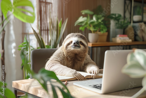 Worker. Terrestrial sloth using laptop computer sloth at desk. Generative AI