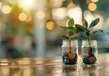 Investment Concept with Plant and Coins on Table