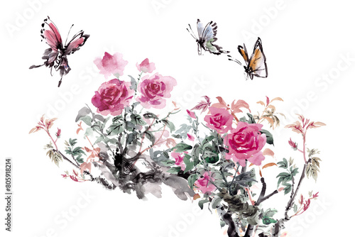 Chinese ink watercolor painting Butterflies fly around flowers. © weeramix