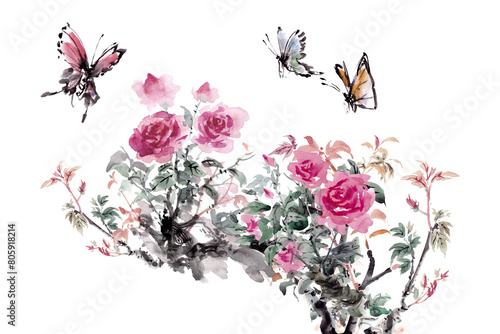 Photography Chinese ink watercolor painting Butterflies fly around flowers.