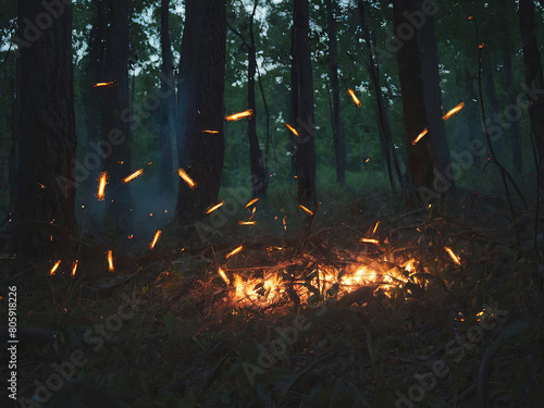 photography of fire in the forest, with Nighttime creating fireflies