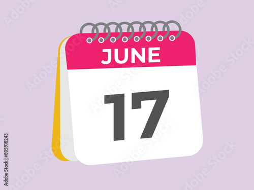 June 17 calendar reminder. 17 June daily calendar icon template. Calendar 17 June icon Design template. Vector illustration
