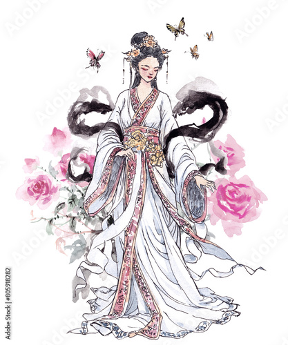 watercolor painting in chinese ink style of angel and butterflies © weeramix