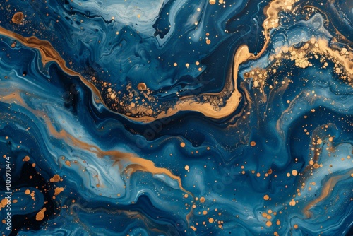 Hand painted background with mixed liquid blue and golden paints Classic blue color of the year 2020 Abstract fluid acrylic painting Marbled blue abstract background Liquid marble pattern 