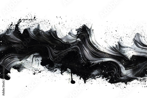 Abstract black and white watercolor swirls and drips on transparent background.