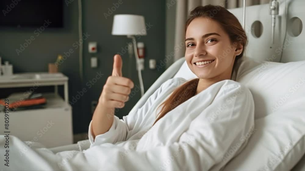 Happy female patient smiling, and raises thumb up to show Happy female patient smiling, and raises thumb up to show
