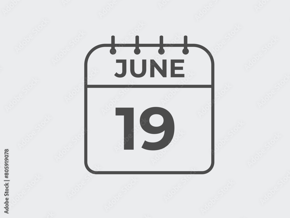 June 19 calendar reminder. 19 June daily calendar icon template. Calendar 19 June icon Design template. Vector illustration
June 19 calendar reminder. 19 June daily calendar icon template. Calendar 19 June icon Design template. Vector illustration