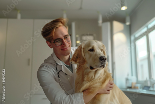 Happy healthy dog being examined by professional veterinarian, copy space. Cheerful handsome male vet doctor smiling at the dog after medical examination