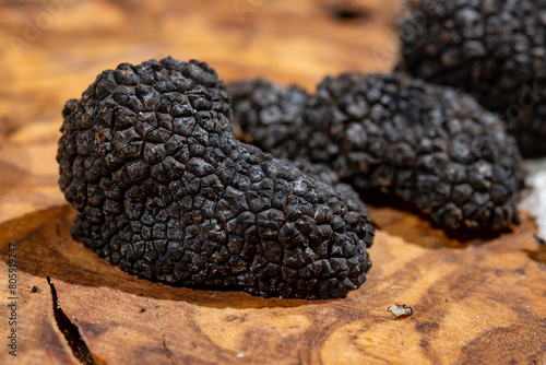 Cooking with Italian black summer truffle, tasty aromatic mushroom, close up