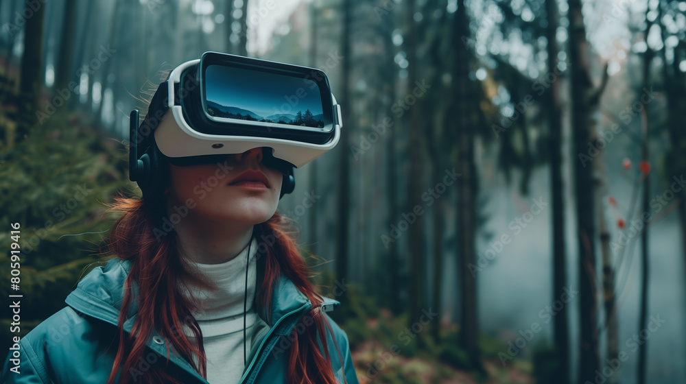 A virtual reality headset transporting the user to a digital world filled with immersive landscapes and experiences. A virtual reality headset transporting the user to a digital world filled with immersive landscapes and experiences.