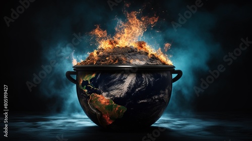 The image shows a planet on fire. The planet is placed in a pot. The fire is coming out of the pot. The image is set against a dark background. photo