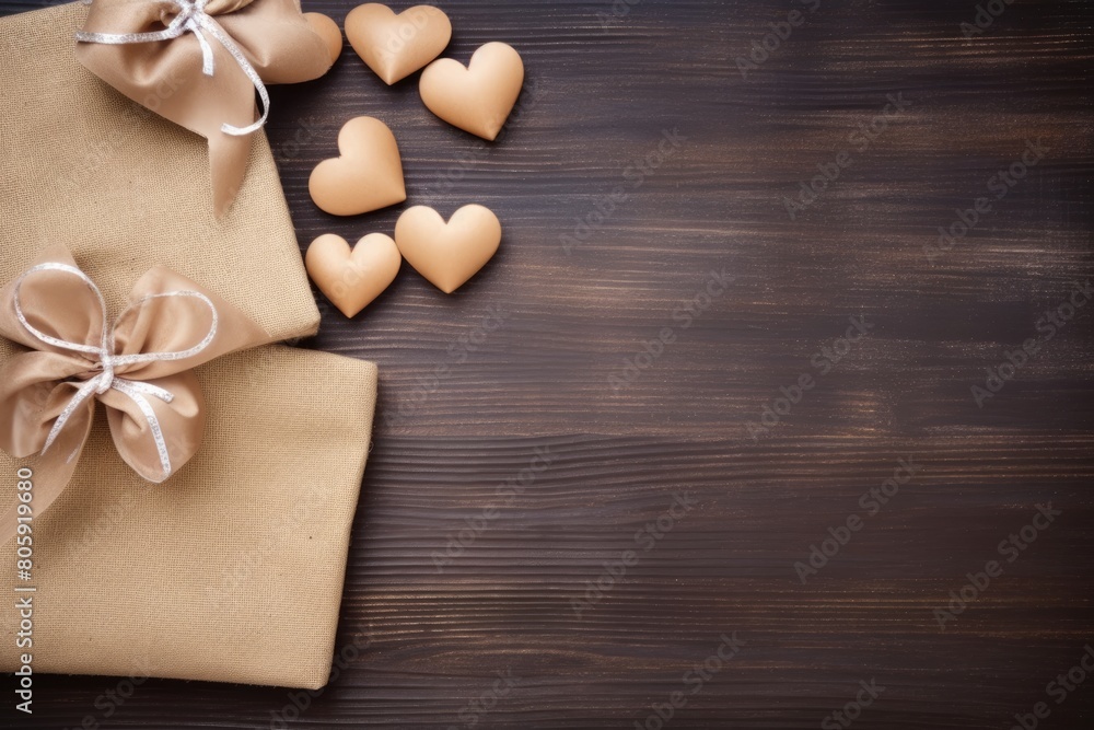 Brown fabric hearts and gifts on a wooden backdrop. Handmade Hearts and Wrapped Gifts Flat Lay Brown fabric hearts and gifts on a wooden backdrop. Handmade Hearts and Wrapped Gifts Flat Lay