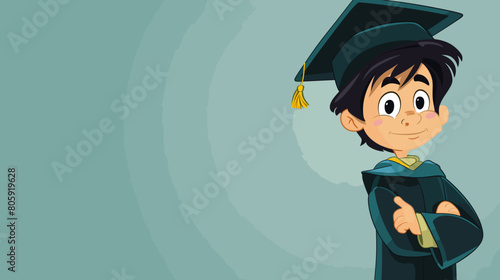 copy space, comic style image, vector illustration, Boy in graduation gown vector image. Graduate in graduation caps. High school graduation. Beautiful illustration for poster.