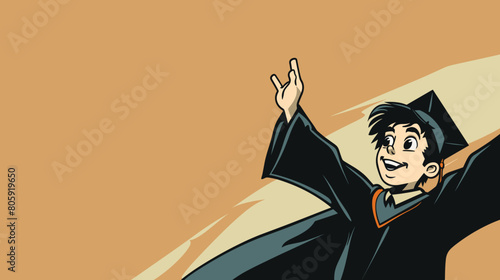 copy space, comic style image, vector illustration, Boy in graduation gown vector image. Graduate in graduation caps. High school graduation. Beautiful illustration for poster.