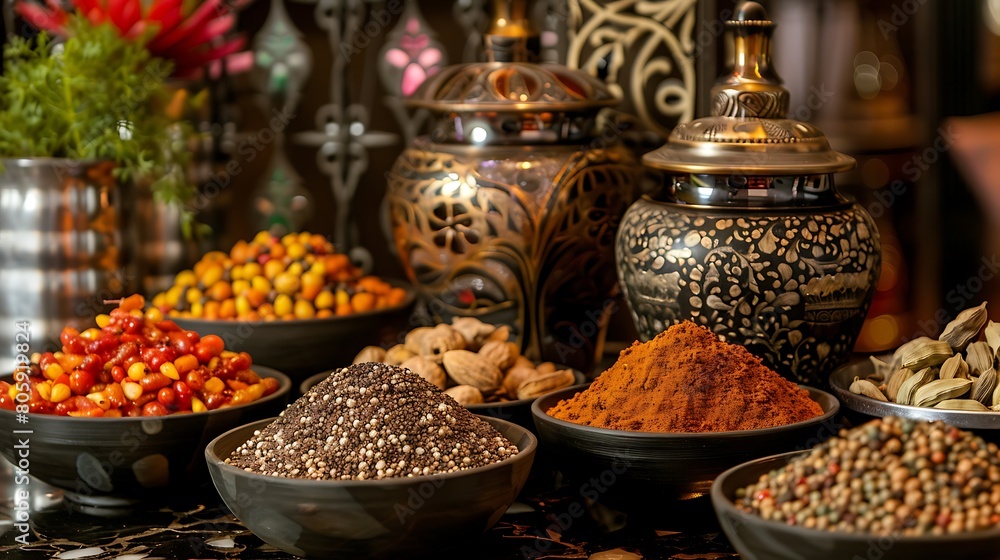 Aromatic spices, meticulously arranged in ornate containers, evoke the allure of distant lands and exotic cuisines