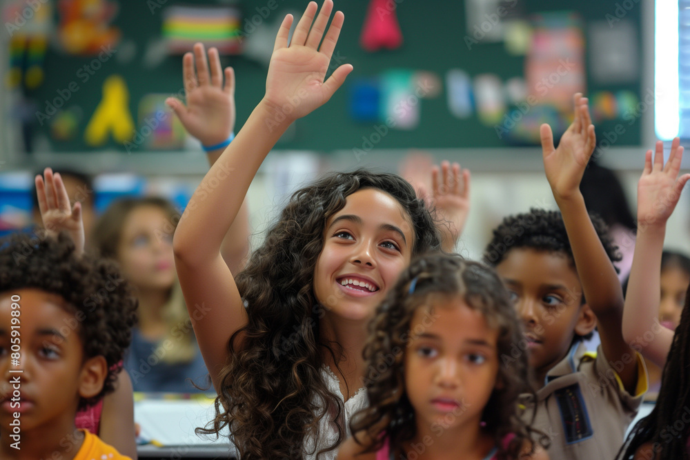 Fototapeta premium Smiling Girl in Whole Classroom Raising Hands Knowing Answer. Lesson in a Classroom Full of Bright Diverse Children. In Elementary School with Group of Kids Learning Science