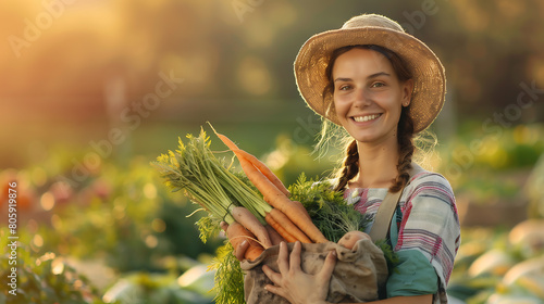 Self-sufficient young woman smiling cheerfully and holding freshly picked carrots and sweet potatoes from her garden photo