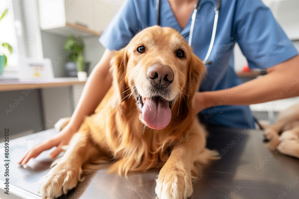 beautiful female vet nurse doctor examining a cute happy golden