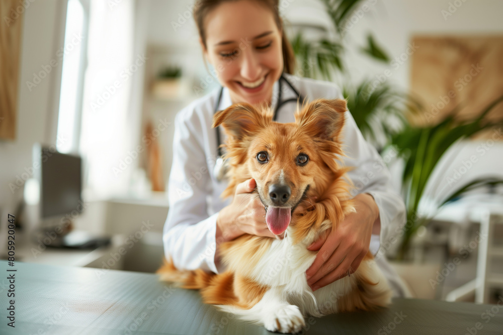 Beautiful female vet nurse doctor examining a cute happy dog making medical tests in a veterinary clinic Beautiful female vet nurse doctor examining a cute happy dog making medical tests in a veterinary clinic
