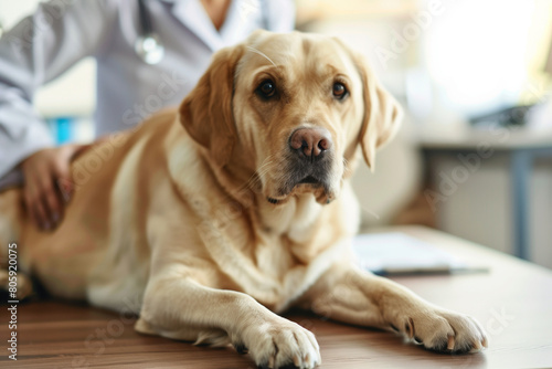 Female vet nurse doctor examining a cute happy golden retriever dog making medical tests in a veterinary clinic