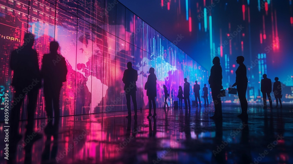 Group of business people in silhouette standing and talking, digital screen displaying graphs of global data and a world map, a futuristic neon background, in the style of digital technology concept Group of business people in silhouette standing and talking, digital screen displaying graphs of global data and a world map, a futuristic neon background, in the style of digital technology concept