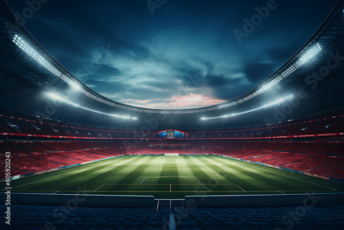 An awe-inspiring 3D-rendered modern football stadium boasting floodlights illuminating the field, VIP boxes accommodating hundreds of thousands of passionate fans. photo