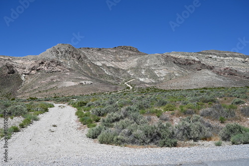 A mountain road at Rhyolite in Nevada, a ghost town in the USA