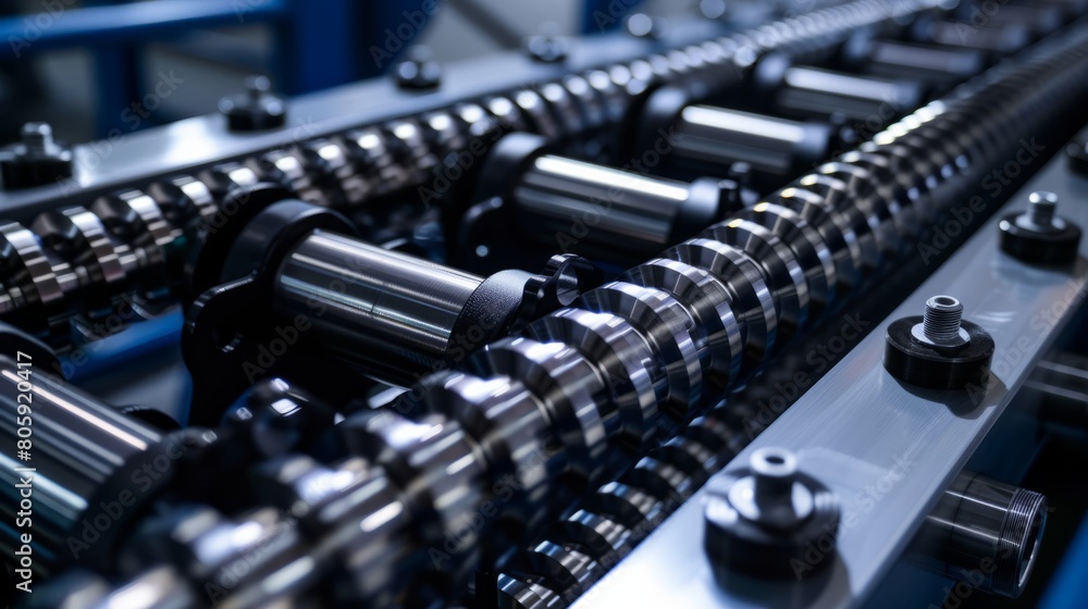 Naklejka premium Close up factory roller system for transfers, detailed system of conveyor