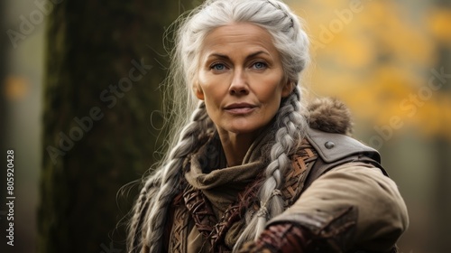 Mature woman with braided gray hair in autumn landscape