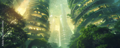 Reimagine Graphic Design Trends in a futuristic utopian world seen from a low angle