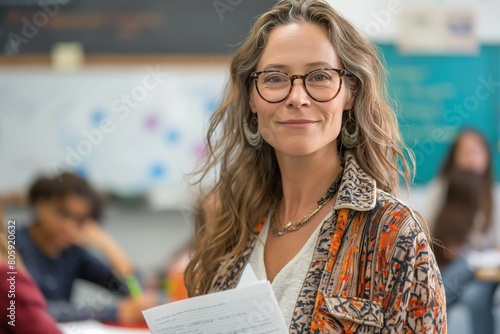 Happy middle aged female teacher standing in front of a whiteboard with students sitting at tables working together, wearing glasses and holding a paper document looking at the camera in a classroom photo