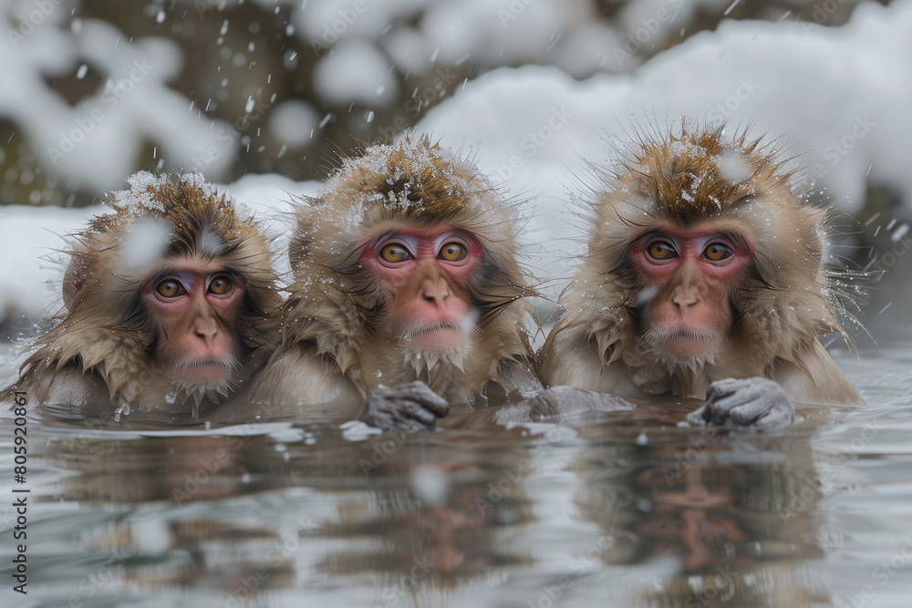Naklejka premium Group of Macaque Monkey Taking a Bath in Hot Spring Onsen to keep them warm in snow winter season