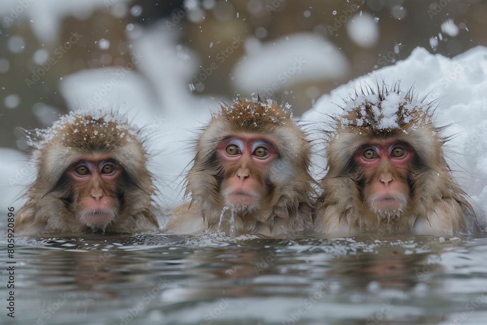 Fototapeta premium Group of Macaque Monkey Taking a Bath in Hot Spring Onsen to keep them warm in snow winter season