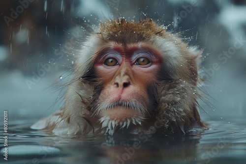 Macaque Monkey Taking a Bath in Hot Spring Onsen to keep them warm in snow winter season photo