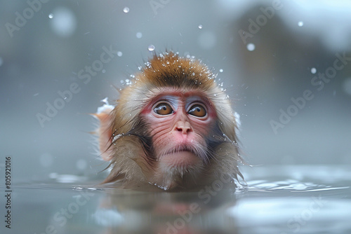 Macaque Monkey Taking a Bath in Hot Spring Onsen to keep them warm in snow winter season photo