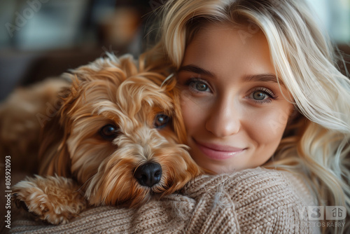 Close up portrait of young woman holding and hugging the lapdog dog. Beautiful woman hugging with love her puppy. Love for pets concept
